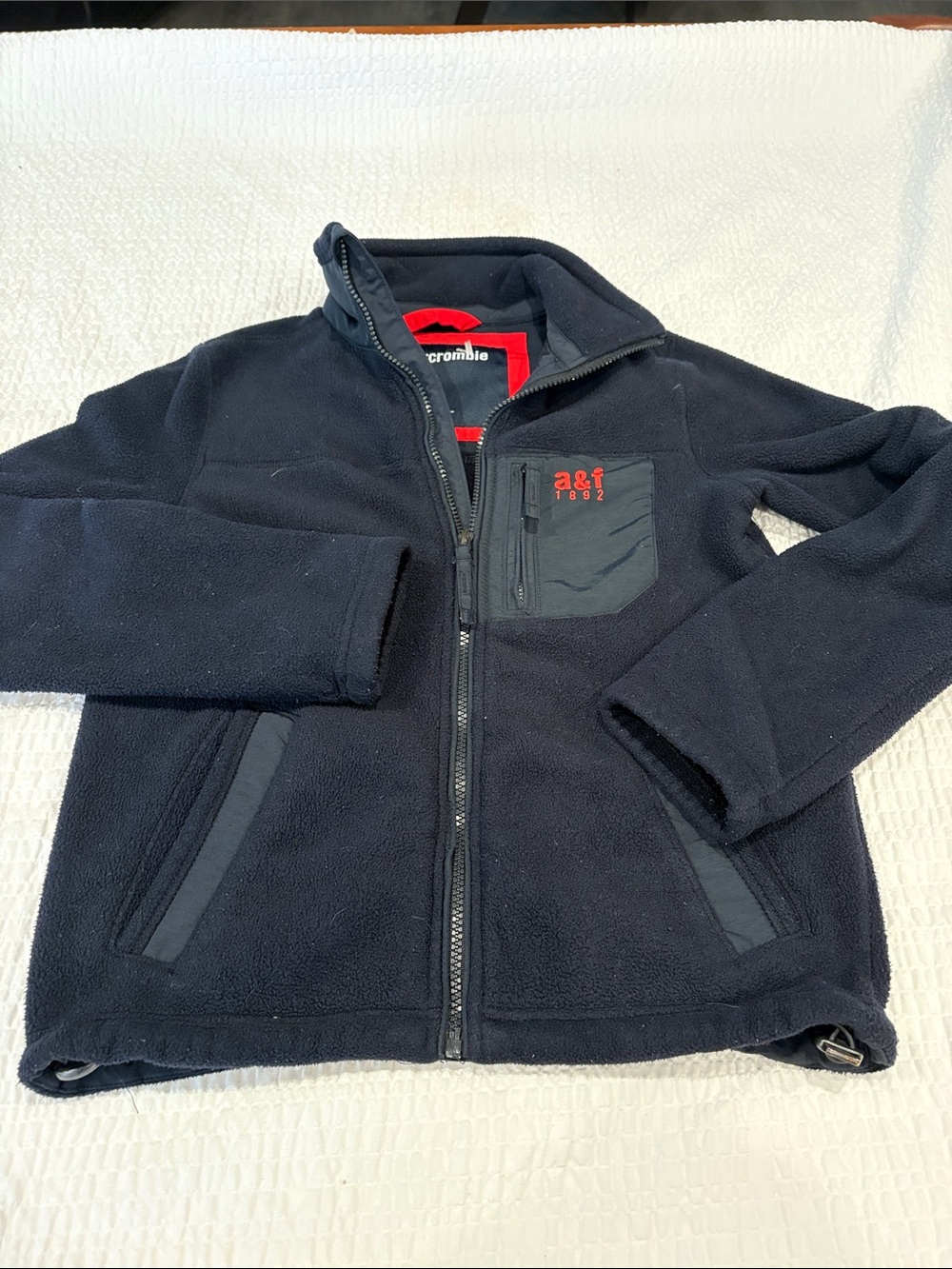 Abercrombie & Fitch Navy Fleece Youth  Zip-Up Jacket with Red Accents
Kids L